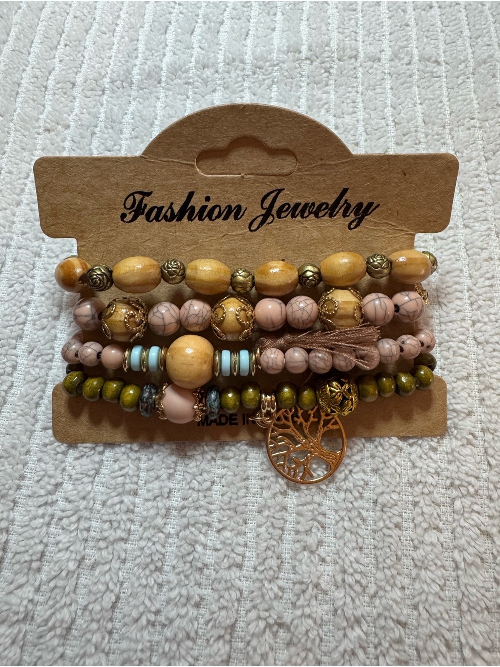 $12 or 3/$30! Fashion Jewelry Pink, Gold and Olive Stackable Beaded Bracelet Set